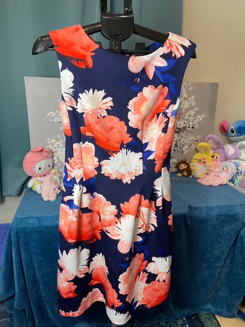 Vince Camuto Navy Midi Dress with Coral & White Floral Pattern